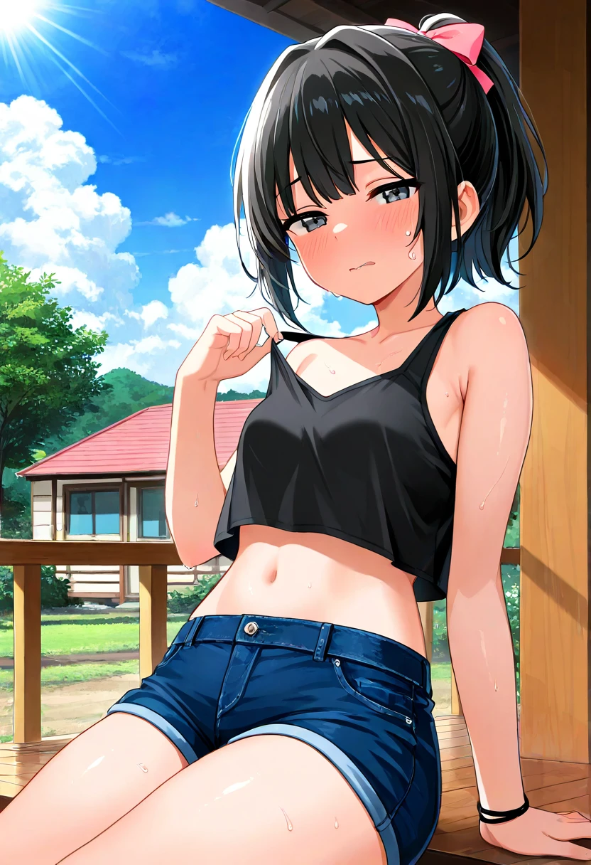 masterpiece, best quality, absurdres, very aesthetic, general,
1girl, solo, navel, looking at viewer, ponytail, bare shoulders, black hair, sitting, midriff, blue eyes, wavy mouth, half-closed eyes, hot, summer, sweat, sweatdrop, short shorts, hair bow, ou...