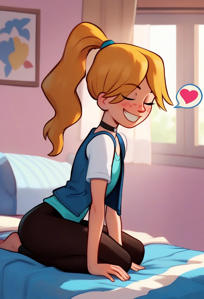 score_9, score_8_up, score_7_up, score_6_up, score_5_up, 1girl, solo,
<lora:Izzy (Storybooth):1>
Izzy_Storybooth, blonde hair, high ponytail, freckles, closed eyes, bespoken heart,
choker, grin, teeth,
(leggings), cowgirl outfit, vest,
seductive pose, dutch angle,
indoors, (detailed background), bedroom, bed,
looking at viewer, coy smile, flirtatious look,
sultry expression, blush,