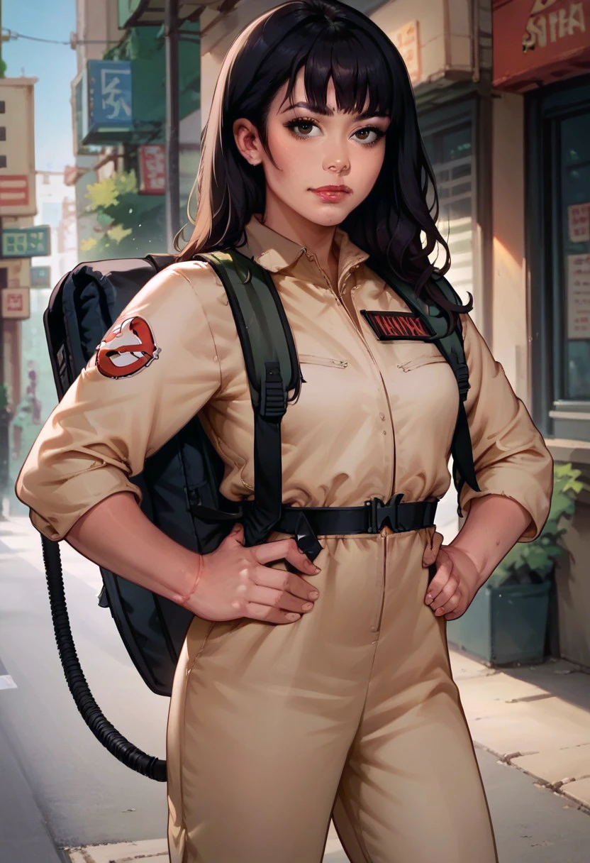 score_9, score_8_up, score_7_up, score_6_up, 1girl, asian, long black hair, bangs, brown eyes, gbs jumpsuit, backpack straps, hands on hips, portrait, in the street