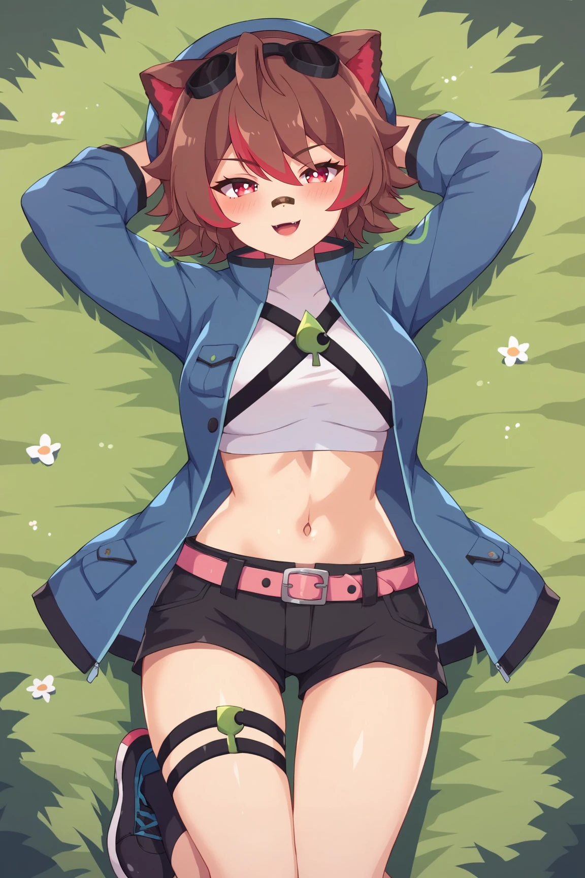 score_9, score_8_up, score_7_up, score_6_up, BREAK, RakkunVTPXL, bandaid on nose, red eyes, brown hair, red hair, multicolored hair, short hair, hair between eyes, ahoge, animal ears, eyewear on head, beret, medium breasts, blue jacket, open jacket, white midriff, pink belt, black shorts, thigh strap, black socks, black shoes, solo, full body, lying on grass, arms behind head, seductive smile, looking at viewer, naughty face, nose blush, forest <lora:RakkunVTPXL:0.8>