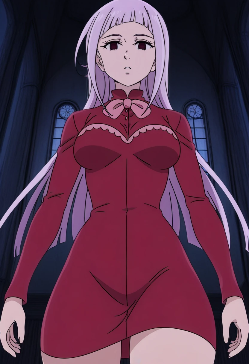 anime screencap,8k, absurd res, 1girl, solo, looking at viewer, long hair, purple hair,bangs,empty eyes,wearing a red dress,indoors,detailed background,mansion, hips,melascula,<lora:melascula:1>