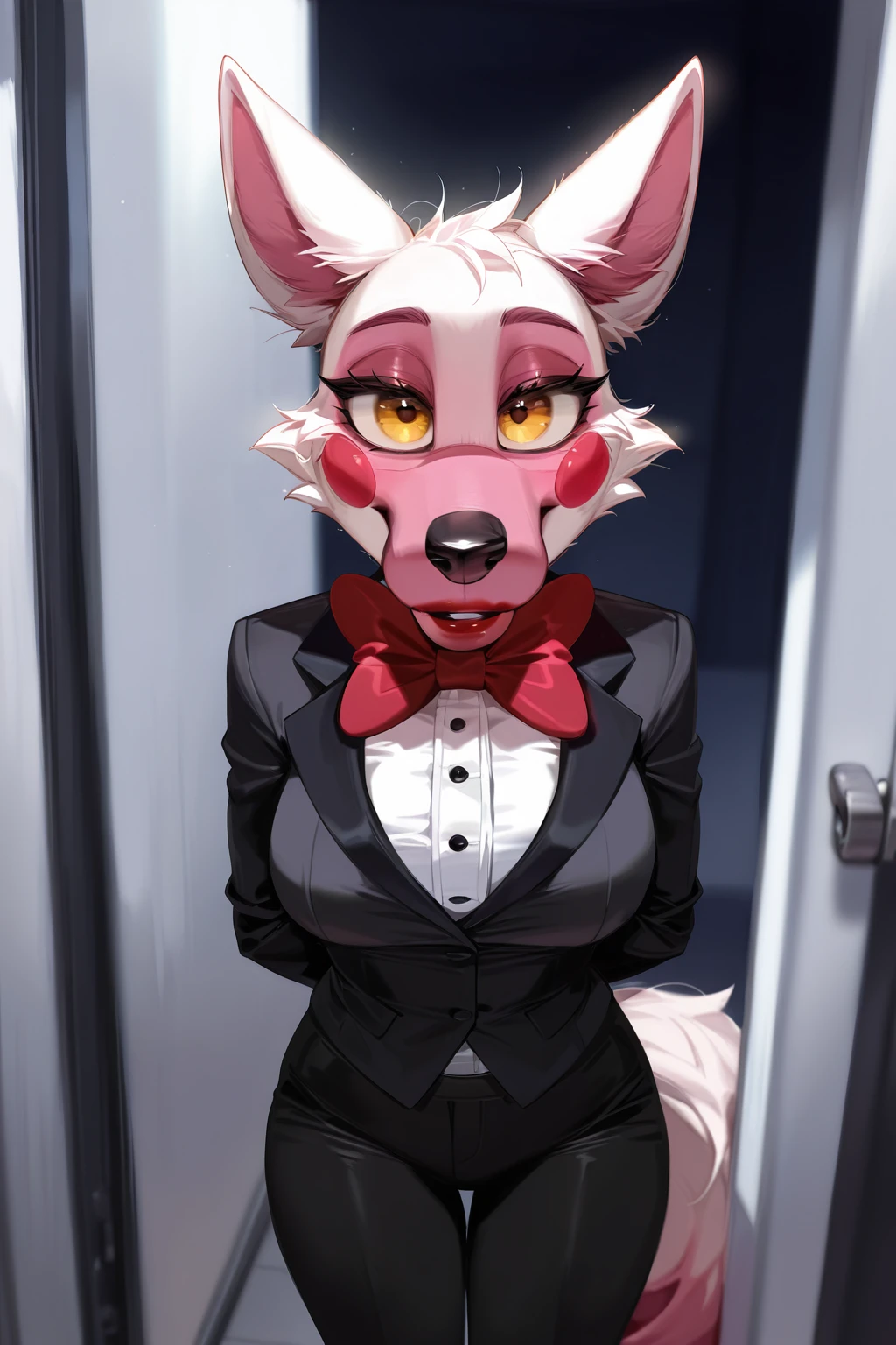 feminine, masterpiece, best quality, newest, absurdres, highres, manglefnaf, bow, lipstick, anthro, doorway, standing, looking at viewer,
BREAK
tuxedo, black jacket, white shirt, black pants, dark background, dynamic background,  <lora:Mangle_FNAF_IL:1>