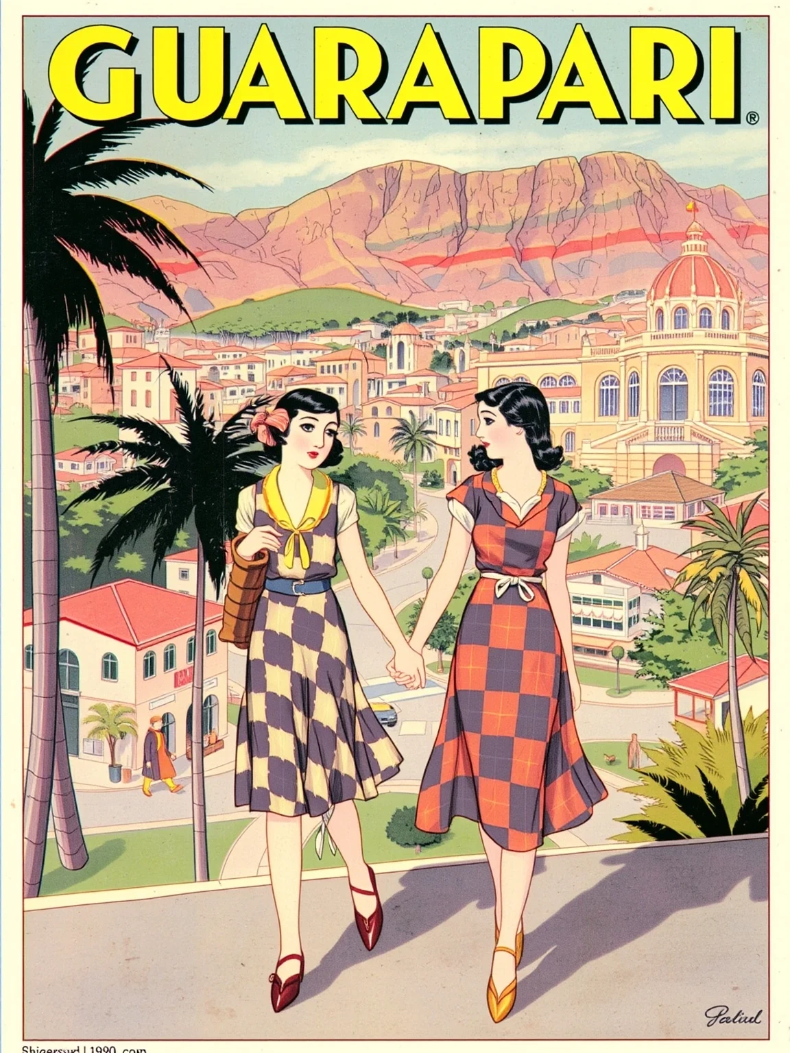 shigerusudo illustration. 1930s travel poster for "Guarapari, Brazil", featuring two young women walking hand in hand in the city