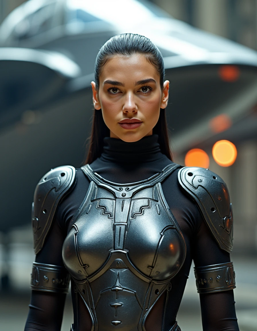 <lora:dua_lipa_dev_f1:1> wearing a turtle neck sweater,  Photo of a futuristic warrior goddess in metallic armor standing in front of a sleek, high-tech spaceship, looking directly at the camera with an intense expression, stunning lighting effects from the ship's engines, detailed, photorealistic.