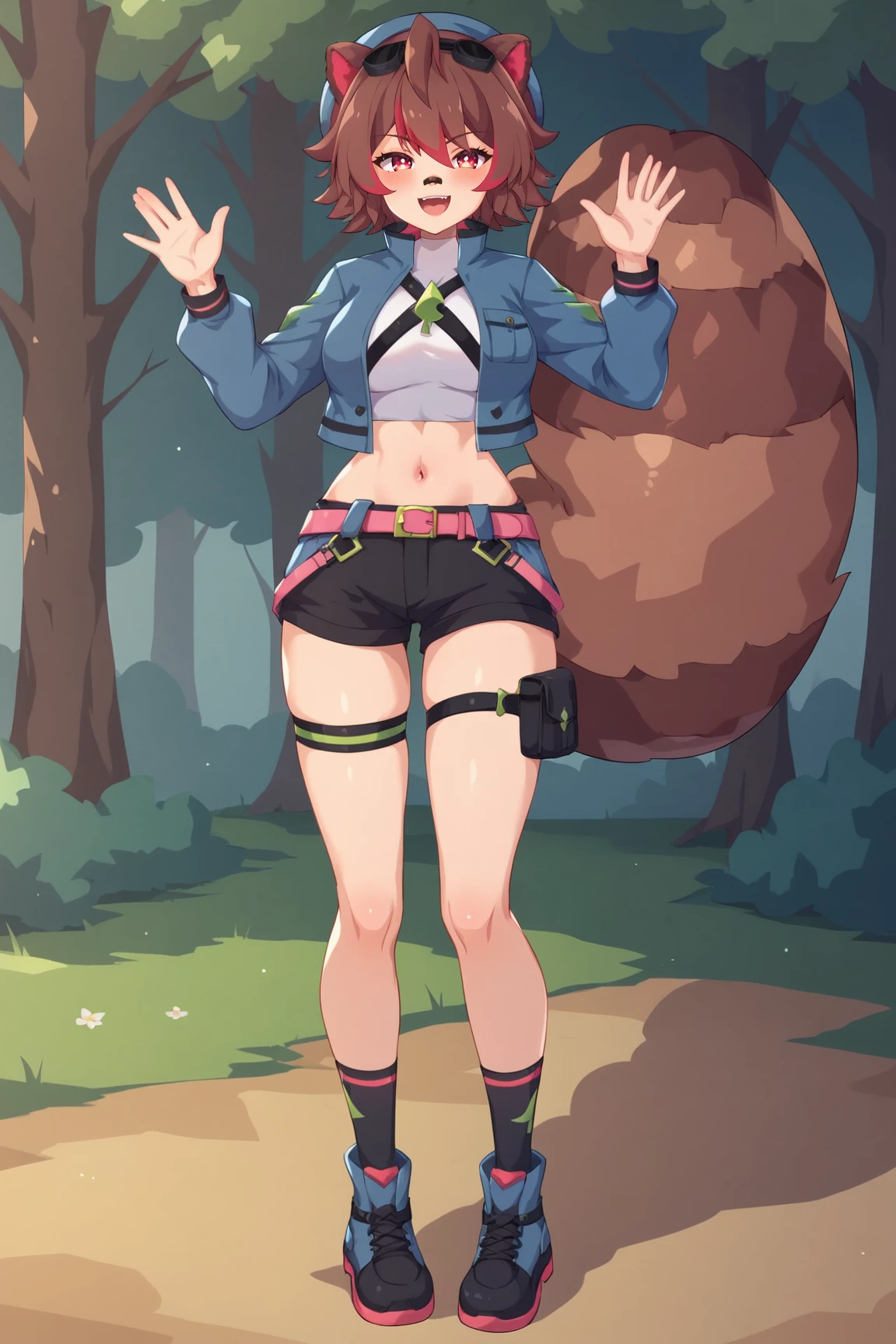 score_9, score_8_up, score_7_up, score_6_up, BREAK, RakkunVTPXL, bandaid on nose, red eyes, brown hair, red hair, multicolored hair, short hair, hair between eyes, ahoge, animal ears, eyewear on head, beret, medium breasts, raccoon tail, blue jacket, open jacket, white midriff, pink belt, black shorts, thigh strap, black socks, black shoes, solo, full body, standing, waving, seductive smile, looking at viewer, naughty face, nose blush, forest <lora:RakkunVTPXL:0.8>