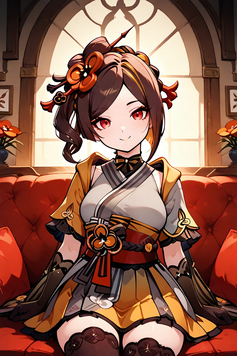 masterpiece, best quality, 32k, high resolution, absurdres, medium breasts, (curvy), cute, eyelashes, vivid colors, BREAK  ,,, zzChiori, chiori (genshin impact), brown hair, hair ornament, red eyes, flower, hair flower, gloves, japanese clothes, sash, obi, <lora:ChioriGenshinIXL:1.0>,,, BREAK,,,   smile, curvy, head tilt, sitting on couch, looking at viewer, cowboy shot, <lora:SmoothAnimeIXL:0.8>, <lora:princess_xl_v2:0.3>,