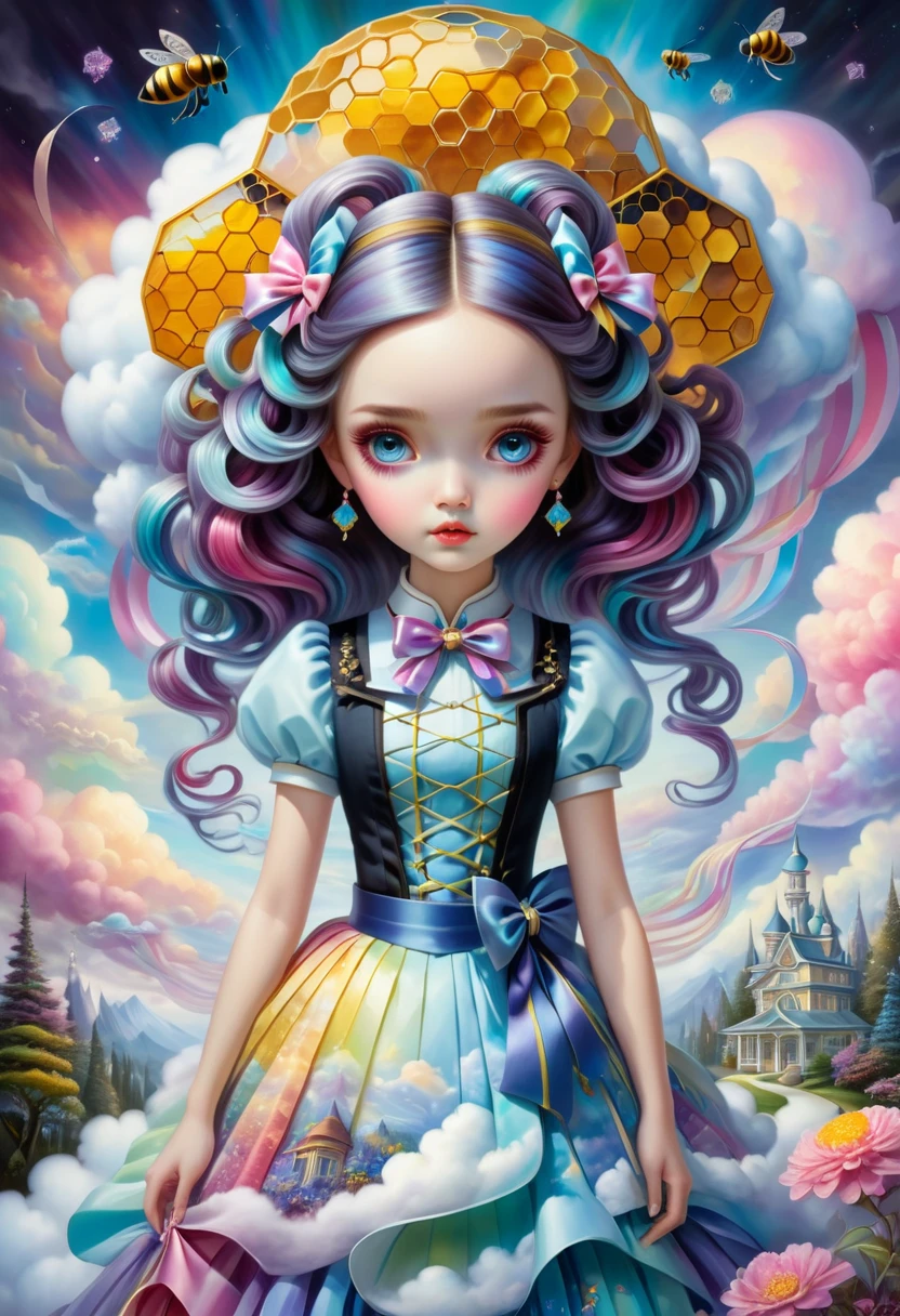 her face serene and focused, with a vibrant, anime-inspired fashion, Mark Ryden, Thomas Kinkade, Tanya Shatseva, futurism style,, ribbon-like extensions, honeycomb pattern,, The setting is rendered with a, standing together with flowing skirts that blend into swirling clouds of corresponding colors, her aura expanding and fading into a spectrum of colors, airbrush accents, colored skin, soft and subtle, surrealism style  <lora:artfully_SELECTED:0.505>