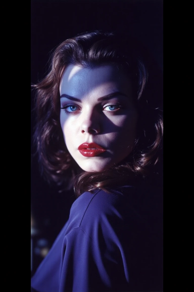 Ultra realistic, ultra detailed colors, textures and shadows, In the style of film noir 1940s, a half-face portrait of a woman partially covered in shadows that slowly obscure the image in contrasting polarity. The shadows are colored by blues, and purple hues against a dark background. Her expression is strong and intense, piercing blue eyes, with a slight tilt of the head that makes the shadows constrast even more, creating a sense of movement and texture. Camera Settings: Shot with a Leica M11, 90mm lens, f/2.0, with high contrast to emphasize the texture of her skin and shadows, intense lip color, skin textures showcasing imperfections and soft wrinkles in her face. dbmazar,dmazar