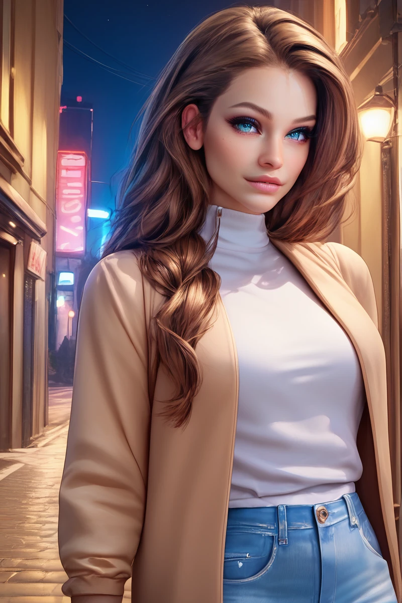 score_9, score_8, score_7, masterpiece, best quality, 1 woman, BPalvDS, blue eyes, brown hair, feminine, beautiful, solo, looking at viewer, <lora:BPalvDS:1> zPDXL2, realistic, city street, late at night, SFW, expressiveh <lora:Expressive_H:1>, sweater, jeans