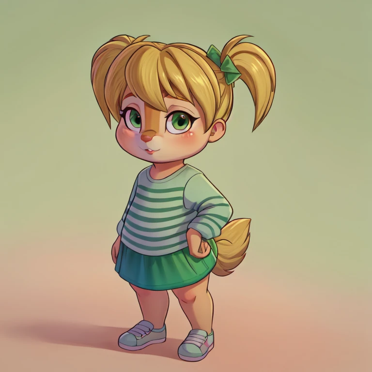 eleanor15, female chipmunk, child, blonde pigtails, (slightly chubby)0.6, green clothes, full body, looking at viewer, serene, simple background