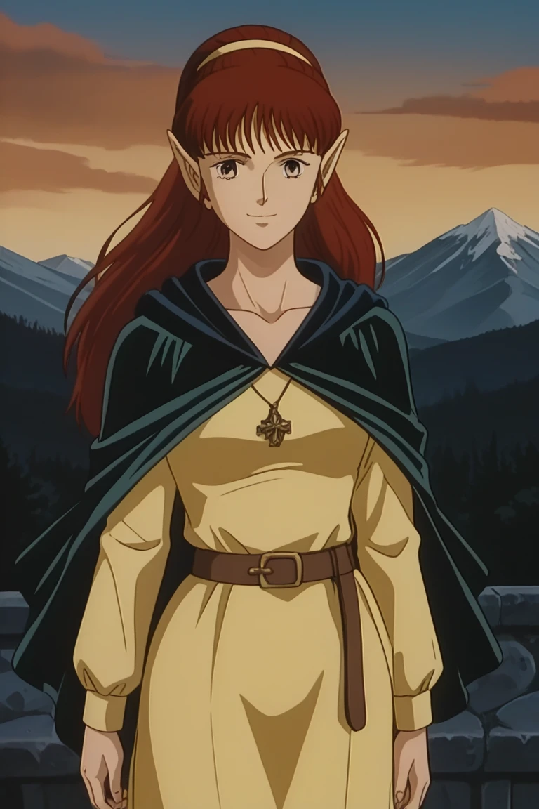 1girl, solo, sheerwiz, red hair, long hair, ponytail, pointy ears, grey eyes, yellow dress, long sleeves, collarbone, jewelry, necklace, black cape, brown belt, standing, outdoors, mountain, cowboy shot, smile, retro artstyle, 1990s (style)