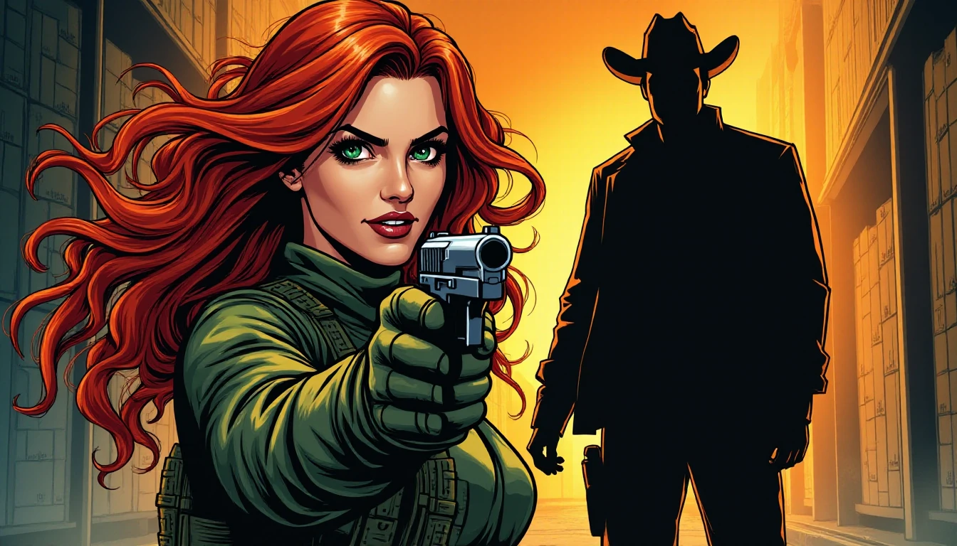 Kara, fiery red wavy hair, green eyes, wearing army camo tactical gear, holding a pistol, silhouette of man in background wearing a cowboy hat, warehouse background setting, comic book art style, comics, dynamic lines, vibrant colors, expressive characters, action-packed composition, adds energy and excitement