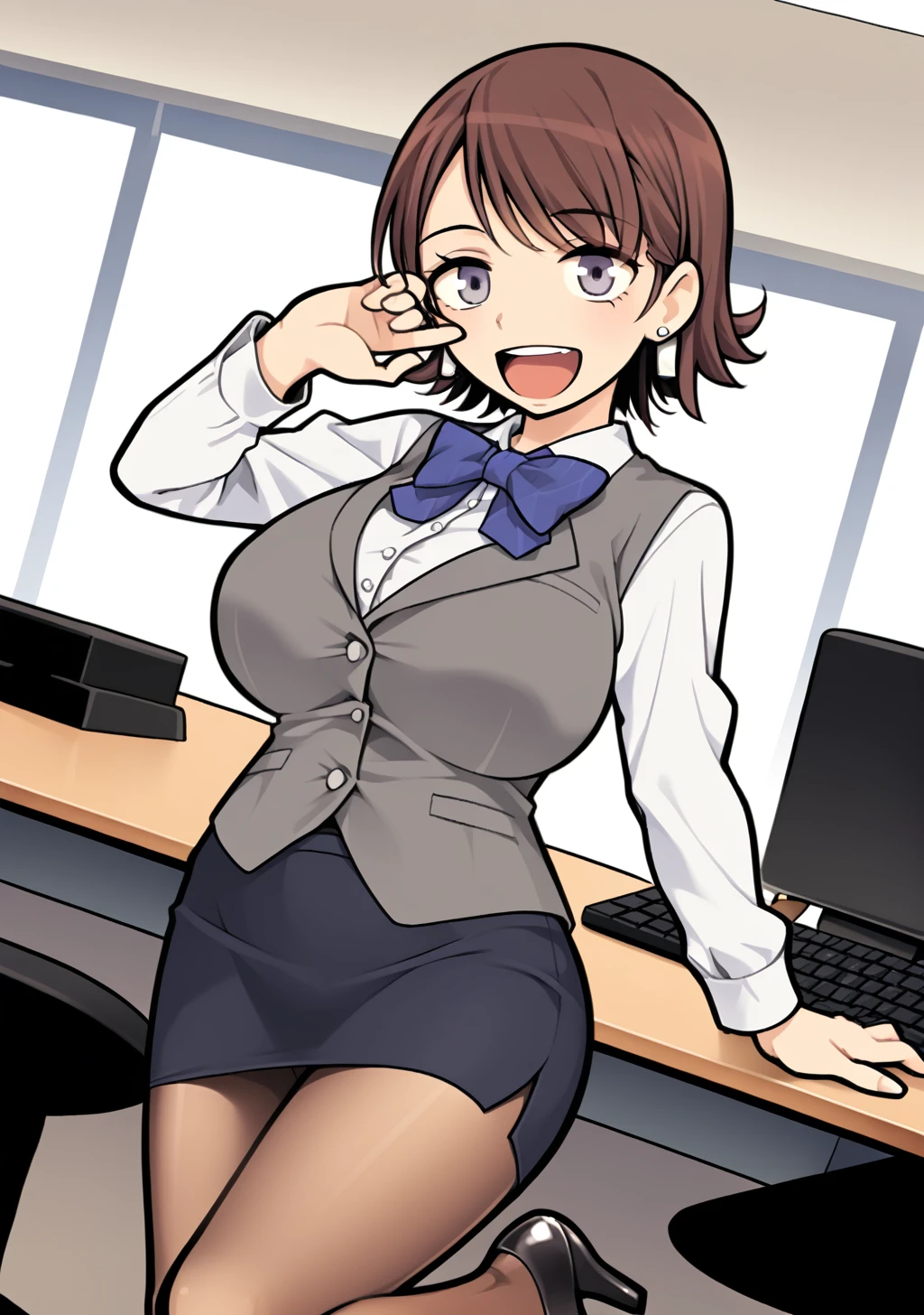 score_9, score_8_up, score_7_up, source_anime,high detail, detailed face,volumetric lighting,1girl,1girl,huge breasts,hazuki, brown hair, short hair,grey eyes,<lora:hazuki_pony:1>,formal suit,grey vest,shirt,pencil skirt,jewelry, earrings, vest, bowtie,pantyhose,high heels,business suit,office,reception counter,smile,open mouth,computer,keyboard,chair,indoors,looking at view,hand up,cowboy shot,, gasigasi_DQ3kenja, gasigasi_DQ3senshi, chibi, <lora:gasigasi_dq3:1>