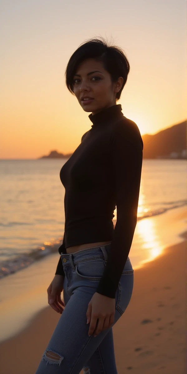 <lora:Jazmine_RoseV3:0.9> jazmine rose, a woman, short black pixies hair. full body.  She wears a tight turtleneck and jeans and higheels. She pose on the beach in rio, brazil. sunset.