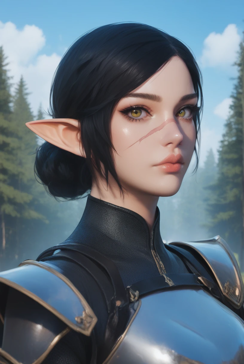 -score_9, score_8_up, score_7_up, BREAK,
portrait, looking at viewer,
-sayafox, 1girl, lips, short black hair, yellow hazel eyes, elf ears, nose scar, black, leather armor, ranger,
-outdoors, blue skies, clouds, forest,
-photoshoot, simple background, glistening skin, skin detail, subsurface scattering, rich color, vibrant,