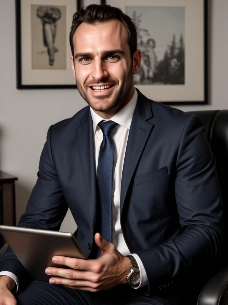 Pars has brown eyes. He is an attractive man and is muscular.wearing business suit. He is in his office and sitting on his office desk. He hold a tablet in his hand, His legs are spread. he smiles