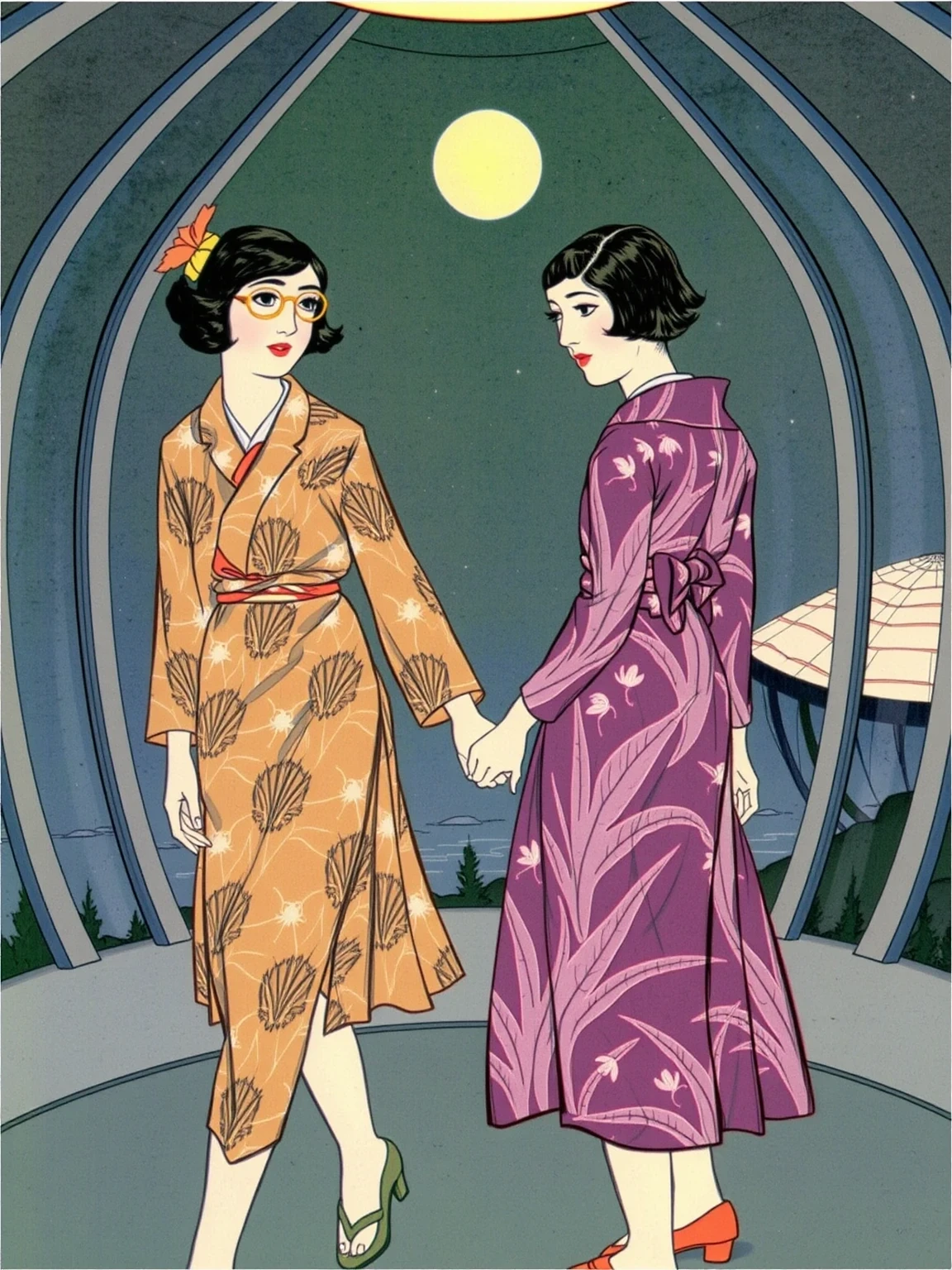 shigerusudo illustration. 1930s illustration of two young women holding hands. one woman is wearing yellow glasses and the other woman is wearing purple spider lily print. full body visible, from head to toe. scene inside the holodeck on a fall night near Palermo Italy.