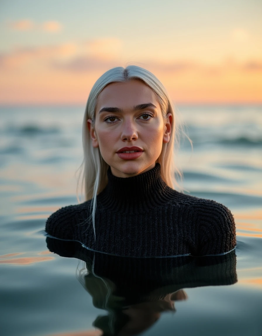 <lora:dua_lipa_dev_f1:1> wearing a turtle neck sweater,  Woman floating in ocean, serene expression, long white hair flowing behind her, sunset colors in the background, soft focus blurred edges.