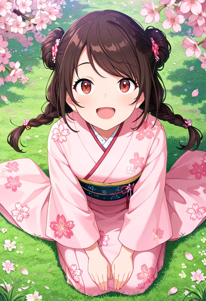 masterpiece, best quality, absurdres, very aesthetic, general,
1girl, brown hair, solo, japanese clothes, open mouth, smile, twin braids, blush, kimono, floral print, grass, long hair, :d, looking at viewer, brown eyes, red eyes, petals, pink kimono, outdo...