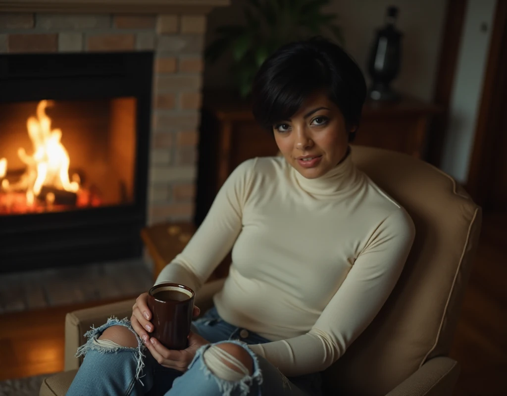 <lora:Jazmine_RoseV3:0.9> a realisitic photo of jazmine rose, a woman, black pixies haircut.  She wears a white turtleneck and ripped jeans. she sits on a chair in a living room. She holds a hot coffee cup. She is next to a fireplace.