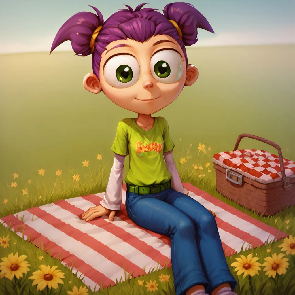 score_9, score_8, score_7, break, solo, lola_ar, 1girl, purple hair, twintails, green eyes, shirt, belt, jeans, cute, sitting, grass, picnic, flowers, looking at viewer, sitting