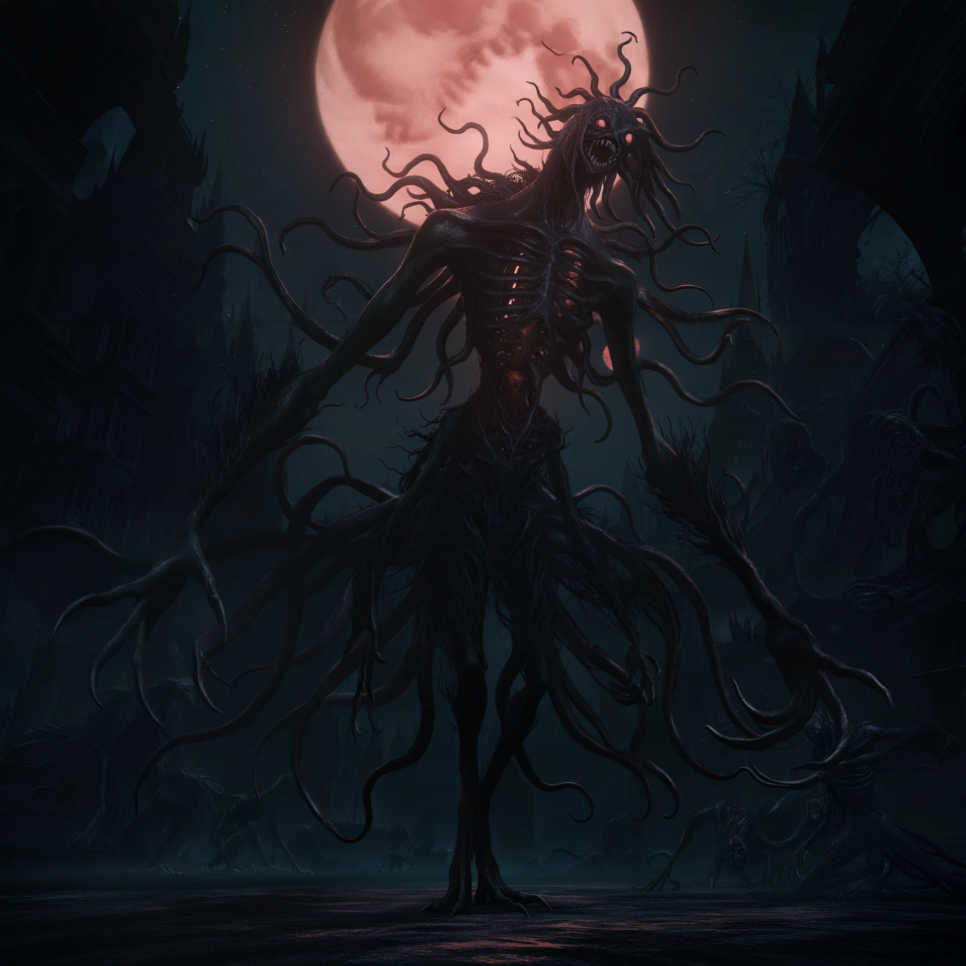 masterpiece, best quality, outdoors, night, dark, dark theme, night sky, star \(sky\), starry sky, city lights, red moon, orange sky, monster, no humans, <lora:Bloodborne_style:1> moon presence \(bloodborne\), alien, eldritch abomination, claws, floating, multiple tails, narrow waist, tentacle hair, tentacles