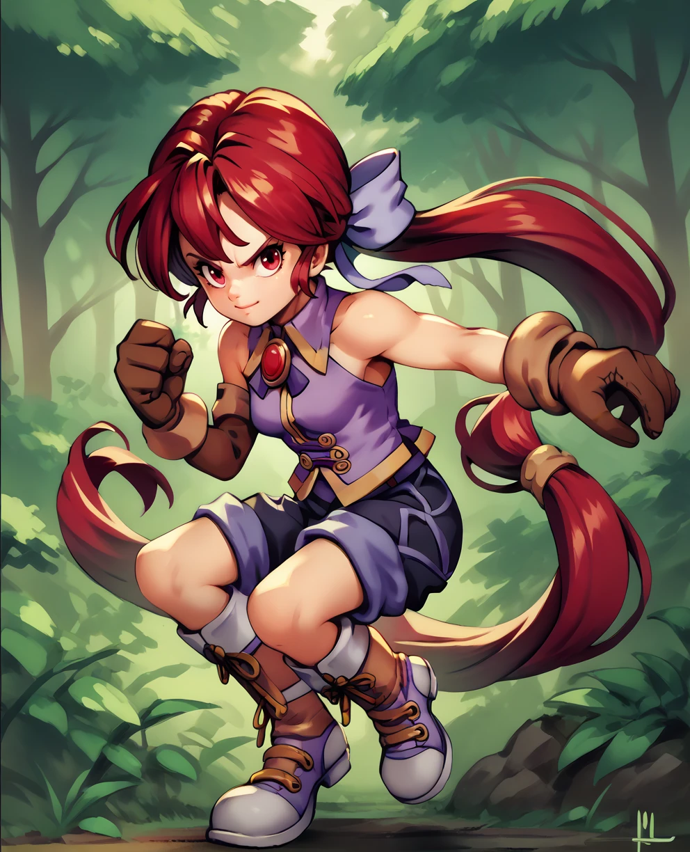 score_9,score_8_up,score_7_up,score_6_up,
Monicaxl,red hair,long ponytail,red eyes,hair ribbon , 
fighting stance,
purple shirt,brooch,shorts,asymmetrical brown gloves,bare shoulders,boots,
light smile,
forest,
<lora:Monicaxl-12def:0.9>,