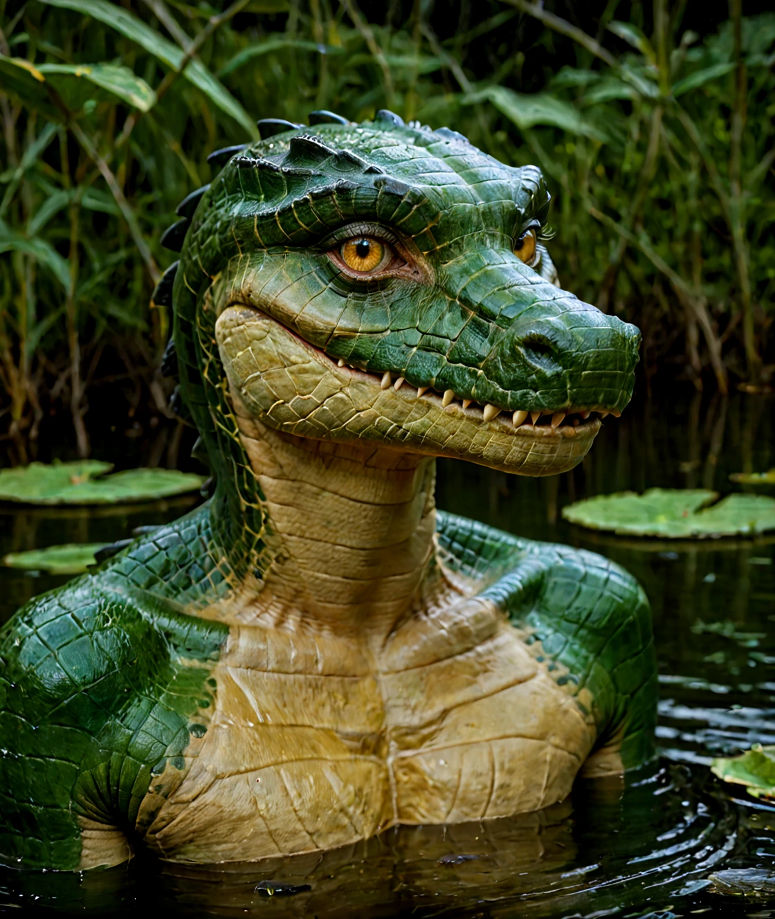 real e621, photorealistic, masterpiece, solo focus, photorealistic realistic scaled female crocodile, dark background, simple background, sharp detailed yellow eyes, sitting in water in swamp, scaled toned body, scaled pecs, looking at viewer, detailed sleek scales,