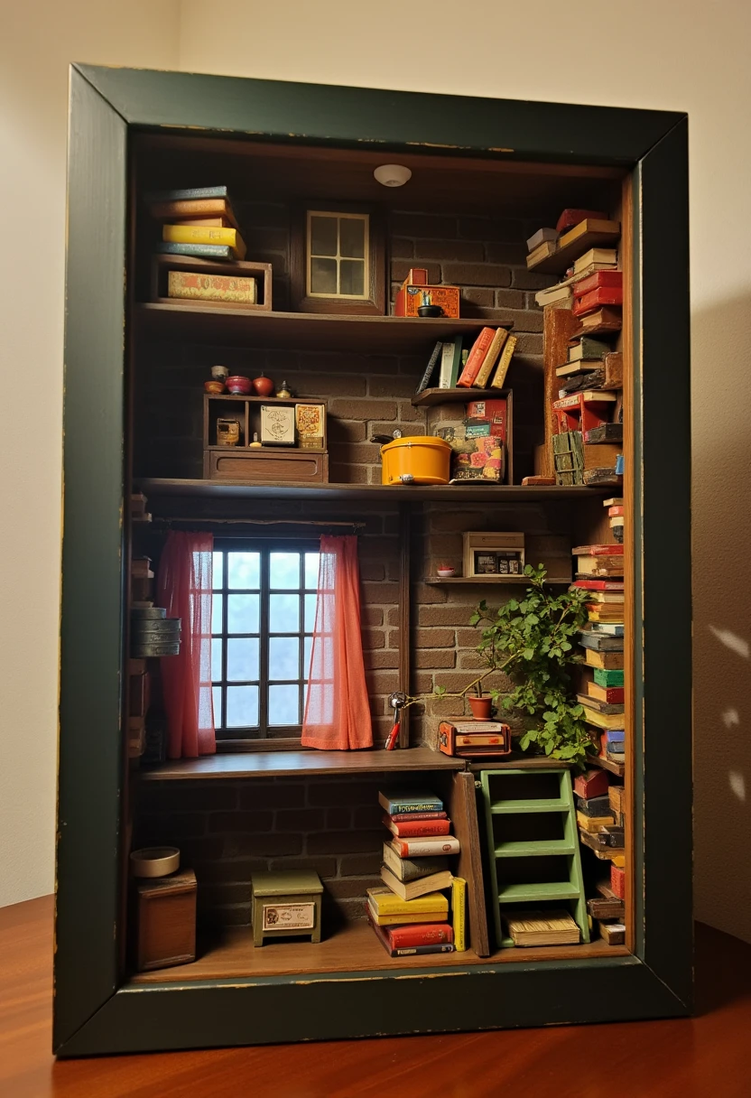 m1n1art A tiny bookcase designed like a cozy room, 80s style, colorful, complete with windows, curtains, and a staircase on a wooden table.


