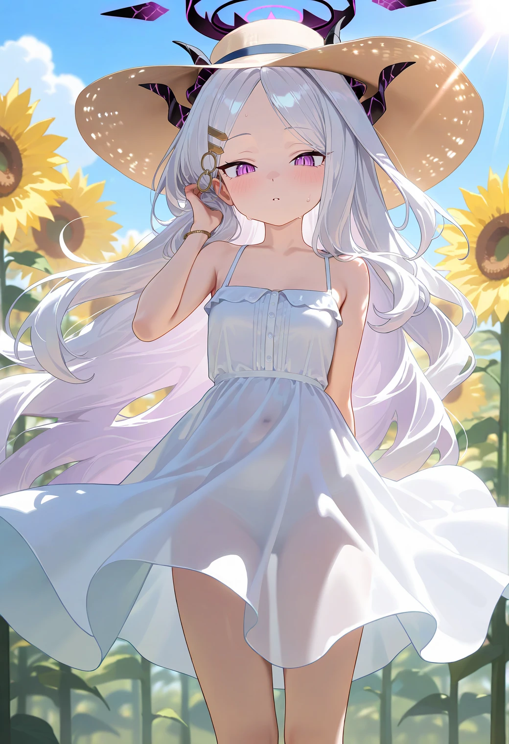 masterpiece, best quality, amazing quality, very aesthetic, newest, general,
solo, blue archive, hina \(blue archive\), small breasts,
sundress, tucking hair, sun hat,
sunflower field, sunlight, sunbeam, lens flare,