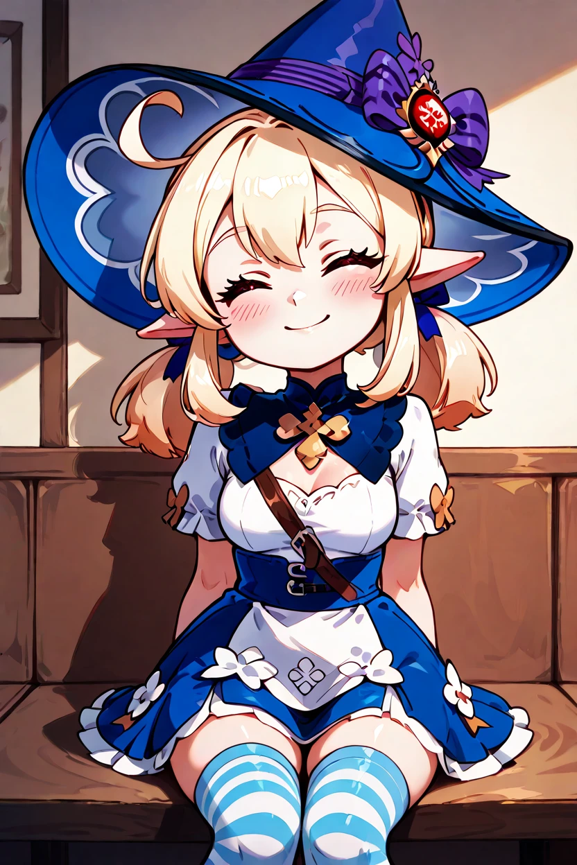 masterpiece, best quality, 32k, high resolution, absurdres, medium breasts, (curvy), cute, eyelashes, vivid colors, BREAK  ,,, zzKlee, klee (blossoming starlight) (genshin impact), hair between eyes, red eyes, ahoge, blonde hair, long hair, low twintails, pointy ears, twintails, witch hat, alternate costume, sidelocks, hat bow, <lora:KleeBlossomingStarlightGenshinIXL:1.0>,,,,,,<lora:ShowByRock_Illustrious:1>, <lora:GoldenCATLoraIXL:0.8>,,,  solo, blush, smile, thighhighs, dress, bow, sitting, closed eyes, striped, maid headdress, bell, striped thighhighs,