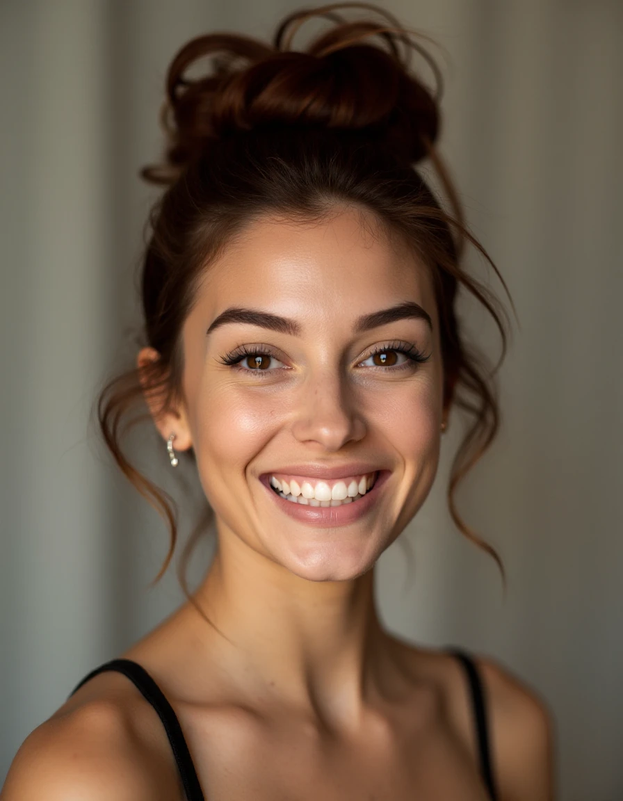 a portrait photo of a 30 year old woman with brown eyes, brown updo hair, a smile on her face, curious playful expression
(zeta),  <lora:Zeta-000003:2>