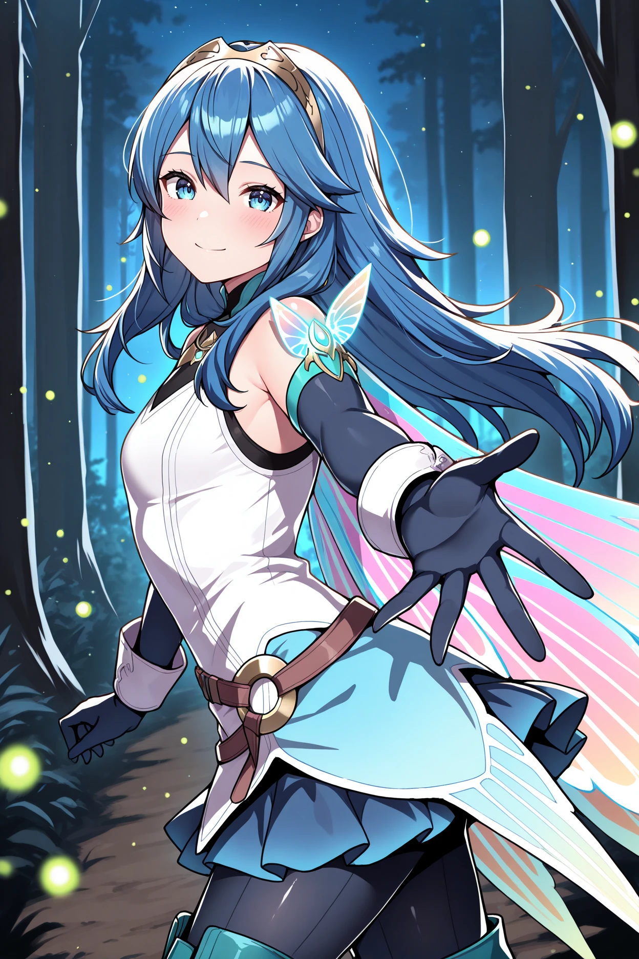 masterpiece, best quality, 1girl, solo,  <lora:felucina-illu-nvwls-v1-000005:1> respLuc, long hair, tiara, white shirt, insect wings, sleeveless, blue elbow gloves, blue skirt, pantyhose, blue boots, looking at viewer, glowing, smile, blush, outstretched hand, reaching out, forest, night, fireflies, from side, close-up