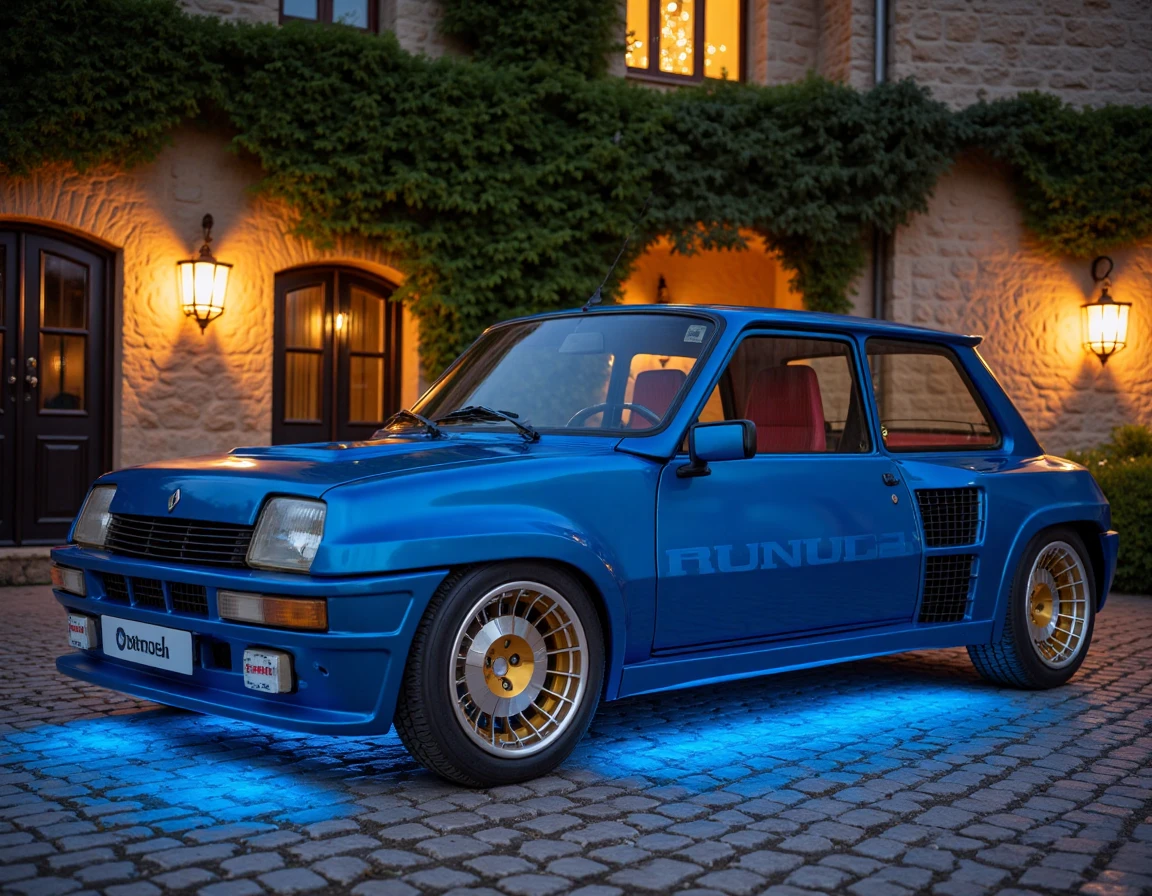 r3nault5, A metallic blue Renault 5 Turbo-inspired car (without the "Turbo" logo) shines under the vibrant glow of its LED undercarriage lights, casting a soft blue hue onto the cobblestone courtyard of a historic European villa. Golden rims gleam in the warm light of hanging lanterns, while the car’s aerodynamic lines are accentuated by the subtle glow. The villa’s ivy-covered stone walls and rustic charm contrast beautifully with the car’s modern LED enhancements. Cinematography inspired by "Fast and Furious," blending old-world elegance with a bold, modern vibe.