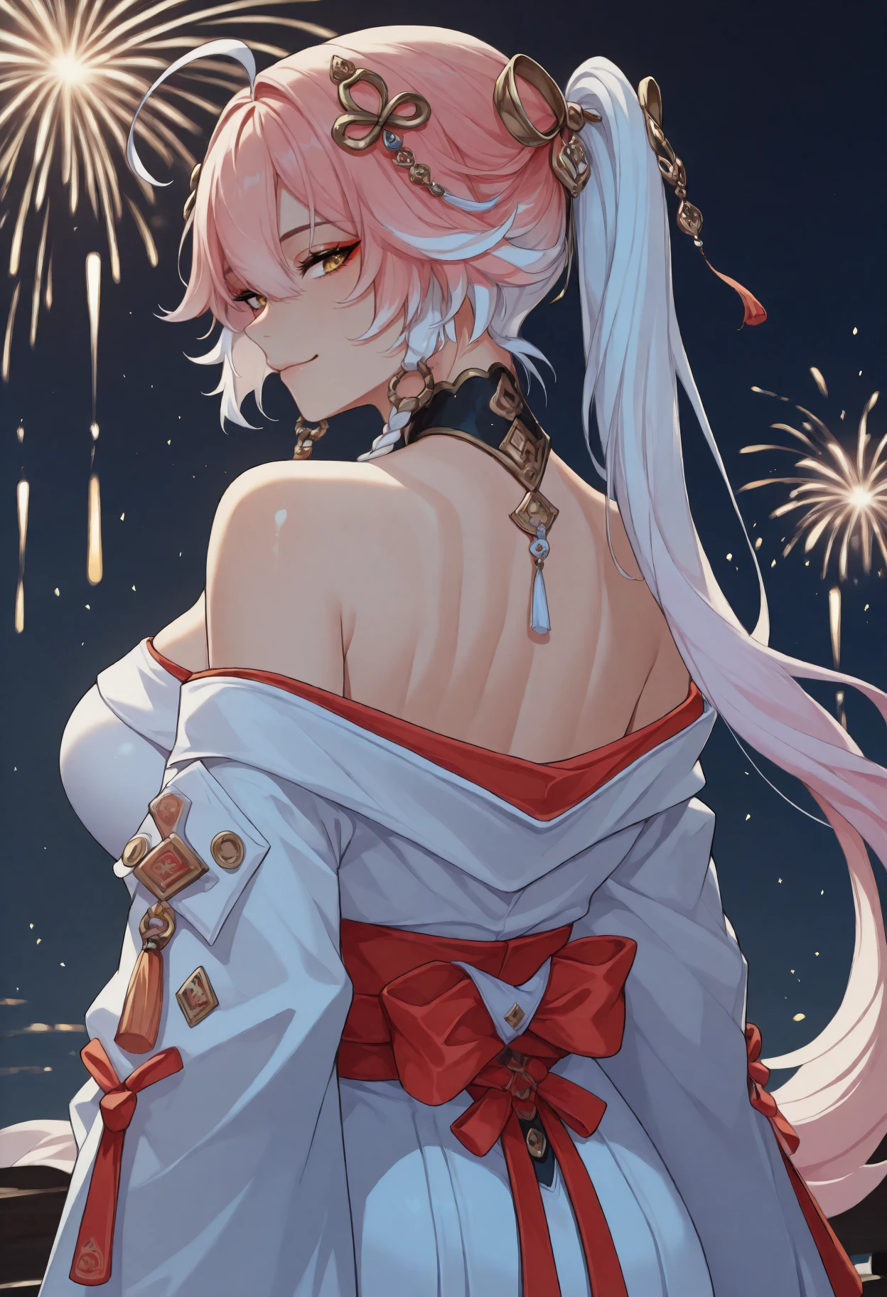 anime, masterpiece, best quality, <break> from behind, solo, 1girl, ch4ngli, smile, looking back, long hair, multicolored hair, pink hair, white hair, hair between eyes, ahoge, braid, ponytail, hair ornament, yellow eyes, japanese clothes, white kimono, off shoulder, red sash, bare shoulders, fireworks
<segment:yolo-Anzhc Face seg 640 v2 y8n.pt,0.4,0.5//cid=1>