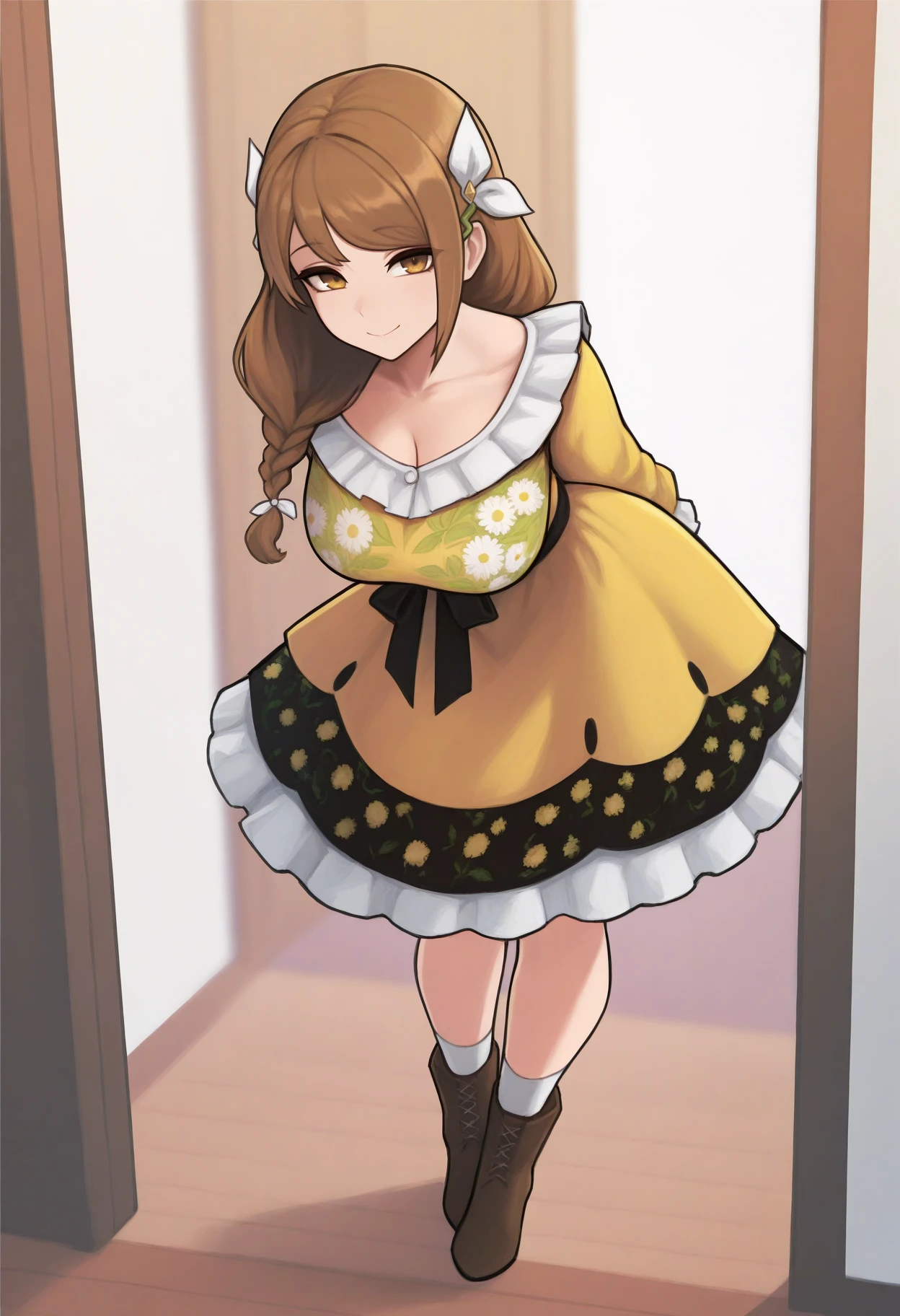 masterpiece, best quality, 1girl, standing, full body, arms behind back, leaning forward, looking at viewer, smile, <lora:GoldmaryFE-illu:1> casGm, long hair, hair ornament, braid, brown hair, brown eyes, hair ribbon, white ribbon, yellow dress, floral print, black trim, frills, large breasts, waist ribbon, white socks, boots, brown footwear, doorway, living room