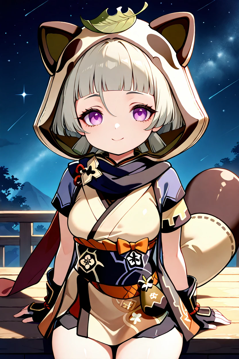 masterpiece, best quality, 32k, high resolution, absurdres, medium breasts, (curvy), cute, eyelashes, vivid colors, BREAK ,,, zzSayu, sayu (genshin impact), solo, purple eyes, short hair, animal ears, blunt bangs, raccoon ears, leaf on head, fake animal ears, grey hair, tail, raccoon tail, sidelocks, animal hood, black gloves, short sleeves, fingerless gloves, black scarf, ninja, obi, japanese clothes, <lora:SayuGenshinIXL:1.0>,,,,,, smile, looking at viewer, stars, night, luminescent background, <lora:princess_xl_v2:0.3>,