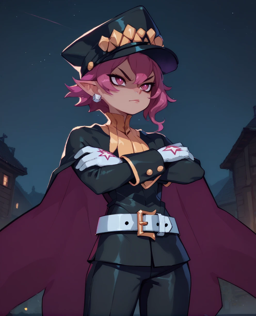 score_9,score_8_up,score_7_up,score_6_up,
psychicxl,short lavender hair,pink eyes,
hips,pants,crossed arms,
white gloves,small earrings,white belt,black uniform with long sleeves,shako cap,cape,
military base,night,
<lora:Psychicxl:0.9>,