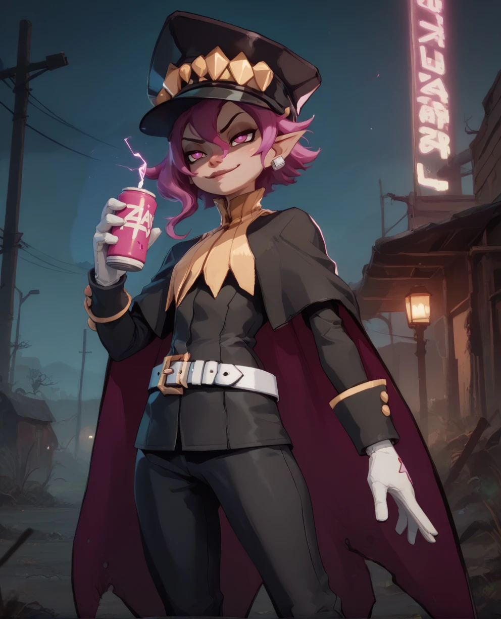 score_9,score_8_up,score_7_up,score_6_up,
psychicxl,short lavender hair,pink eyes,
hips,pants,smug,holding energy drink,
white gloves,small earrings,white belt,black uniform with long sleeves,shako cap,cape,
night,wasteland,
<lora:Psychicxl:0.9>,