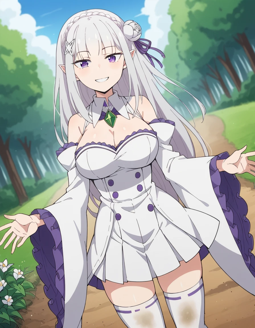 score_9, score_8_up, score_7_up, source_anime, <lora:rezero-emilia-s3-p1-ponyxl-lora-nochekaiser:1>, emilia, braid, crown braid, flower, hair flower, hair ornament, hair ribbon, long hair, pointy ears, purple eyes, white hair, x hair ornament, large breasts,, detached collar, detached sleeves, frilled sleeves, frills, long sleeves, miniskirt, pleated skirt, ribbon, skirt, thighhighs, white skirt, white sleeves, white thighhighs, wide sleeves, zettai ryouiki,, path, dirt, nature, walk, plants, smile, smug, looking at viewer, solo,, dutch angle, cowboy shot