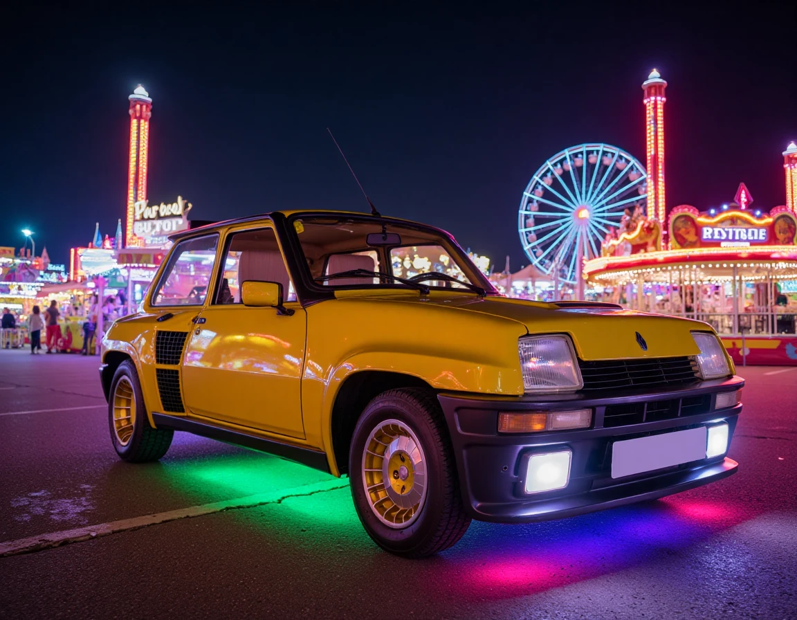 r3nault5, A bright yellow Renault 5-inspired car stands out in the center of a vibrant carnival parking lot at night, its multicolor LED strips flashing in sync with the nearby rides. The LEDs run along the sides and beneath the car, cycling through shades of neon pink, green, and blue, creating a playful yet dynamic vibe. The carnival’s colorful lights and the sounds of laughter and music in the background enhance the lively, energetic setting. Cinematography inspired by "La La Land," with bold, saturated colors and whimsical framing to evoke a celebratory atmosphere.
