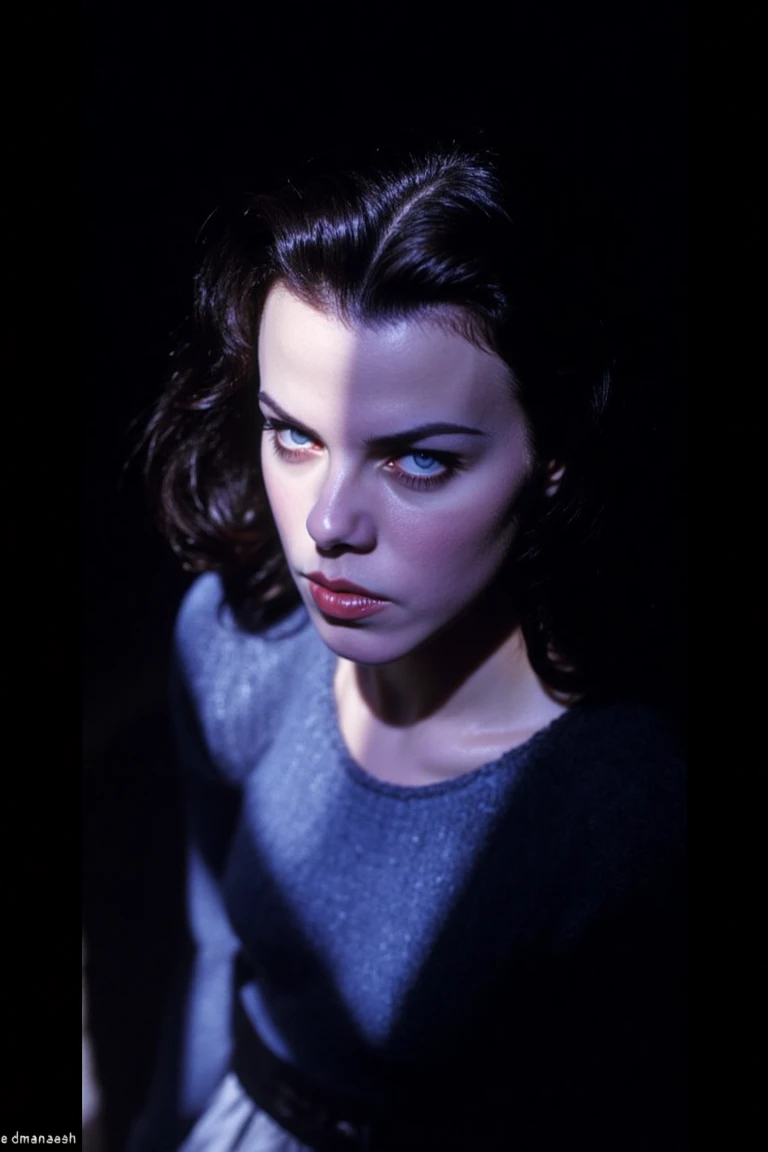 A half-face portrait of a woman partially covered in shadows that slowly obscure the image in contrasting polarity. The shadows are colored by blues, and purple hues against a dark background. Her expression is strong and intense, piercing blue eyes, with a slight tilt of the head that makes the shadows constrast even more, creating a sense of movement and texture. Camera Settings: Shot with a Leica M11, 90mm lens, f/2.0, with high contrast to emphasize the texture of her skin and shadows. dbmazar,dmazar