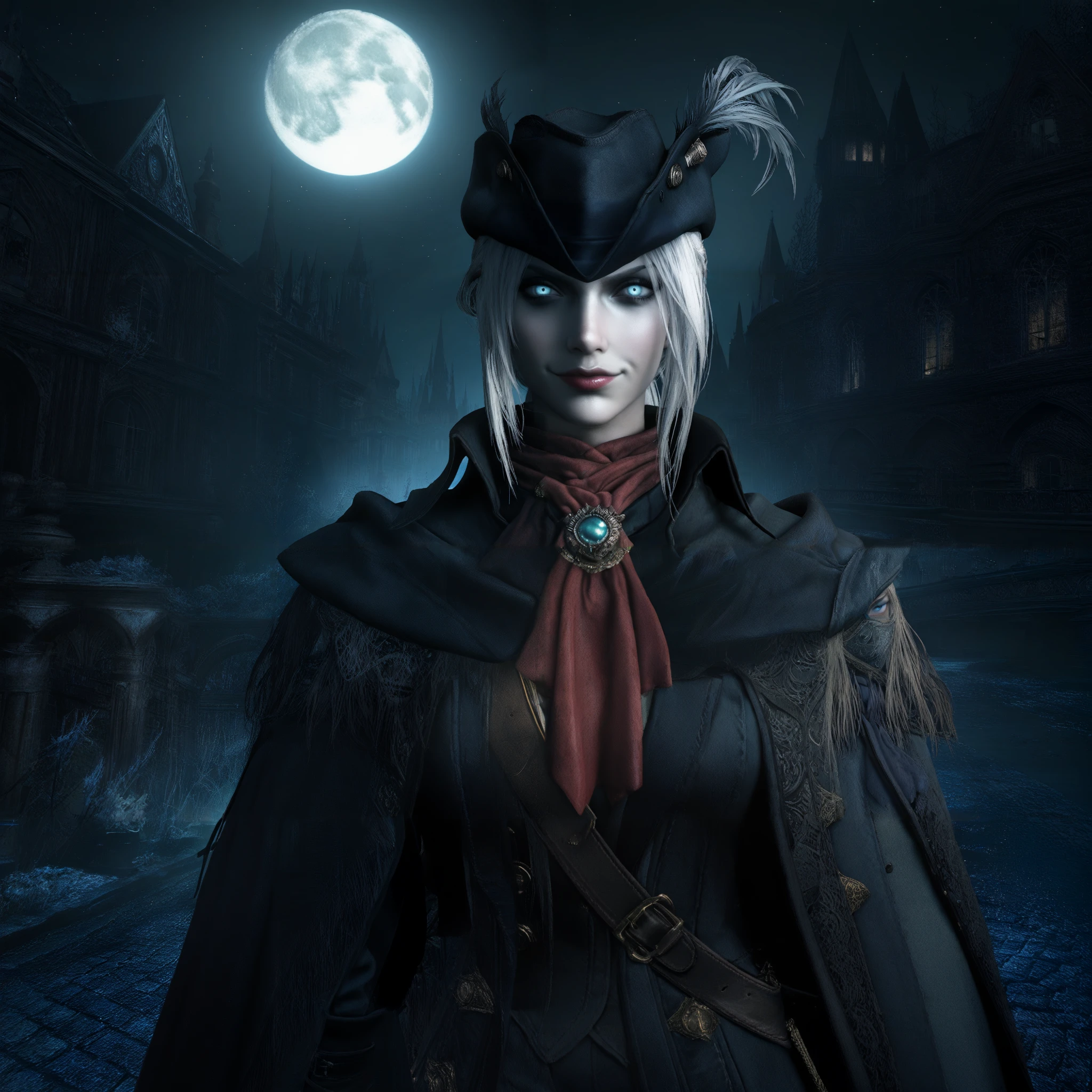 masterpiece, best quality, outdoors, night, dark, dark theme, night sky,star \(sky\), starry sky, city lights, moon, closed mouth, looking at viewer, 1girl, solo, <lora:Bloodborne_style:1> bloodstyleborne, lady_maria_of_the_astral_clocktower, lady maria of the astral clocktower, blue eyes, long hair, white hair, ponytail, hat feather, coat, cape, gloves, tricorne, ascot, evil smile