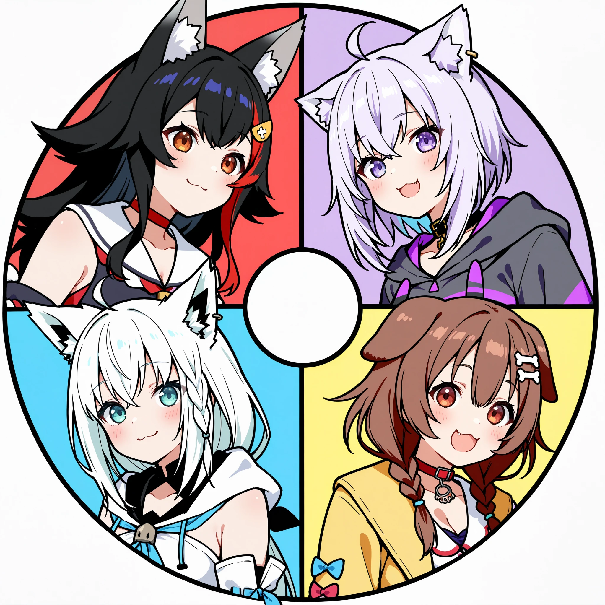 masterpiece, best quality, color wheel challenge, 4girls, smile, shirakami fubuki \(1st costume\), ookami mio \(1st costume\), nekomata okayu \(1st costume\), inugami korone \(1st costume\),