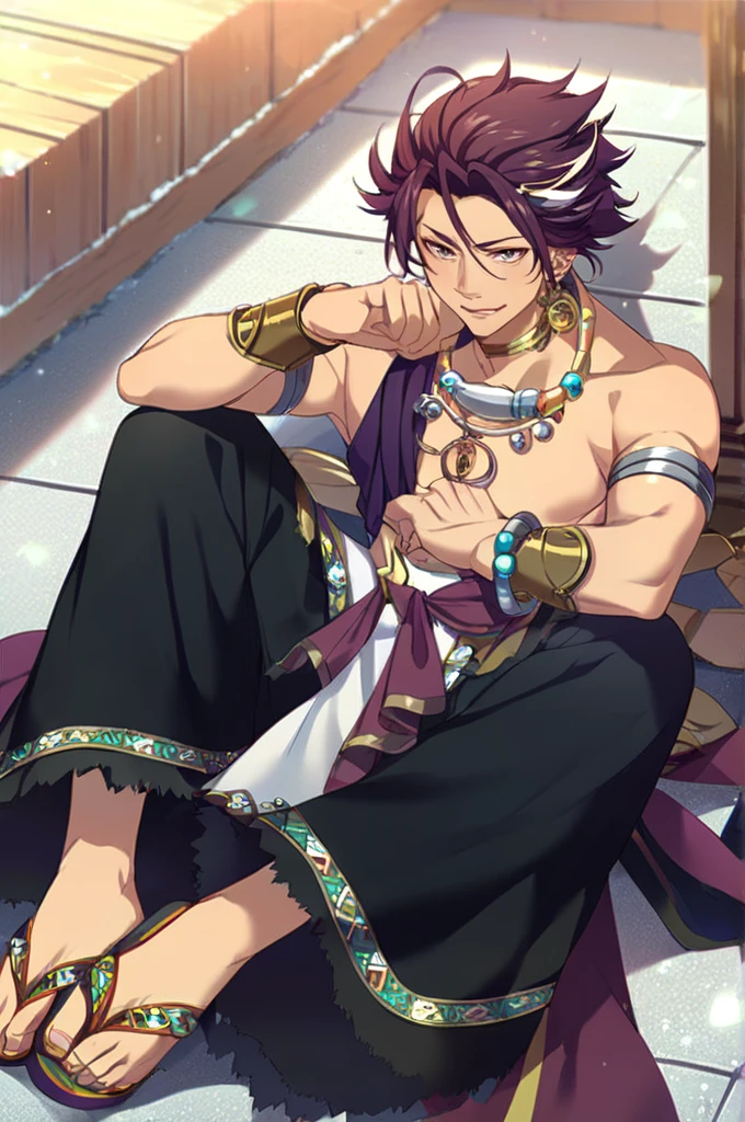 Highres, Masterpiece, Best quality at best,Best Quality,hight quality, hight detailed, 1boy, Shota, (Showing armpit:1.3), ear-old b Young boy, Desert, Happy, upper body, Shirtless, topless, Give me the proportional body of a 12 year ansparent veil on the head, navel piercing, gold accessories, masterpiece，hight setail, best quality, UHD, bokeh