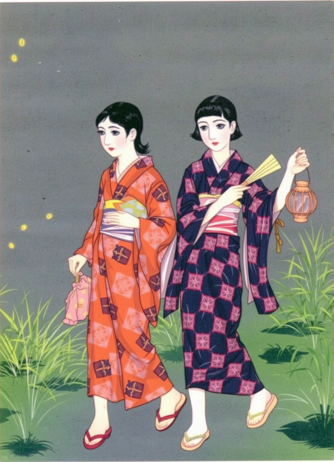 shigerusudo illustration, two women in kimonos walking together. each woman has a paddle-shaped fan in one hand and a lantern in the other hand. fireflies, night, grass