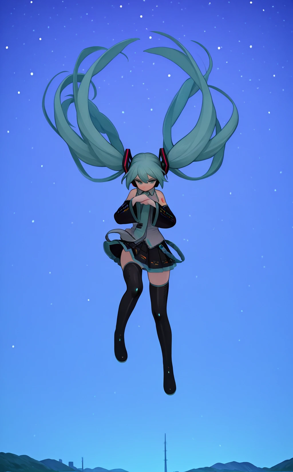 score_9, score_8_up, score_7_up, score_6_up, score_5_up, <lora:wlsdnjs950_IL:1.4>  ,  <lora:DarkerThanDarkV0.8:1>, night, 1girl, hatsune miku, full body, dynamic pose,