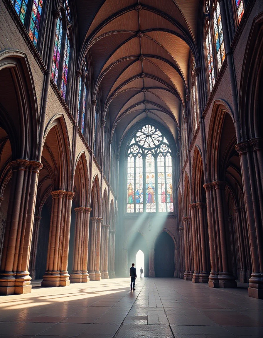 A stunning photo captures the soaring interior of a gothic cathedral, with sunlight streaming through intricate stained glass windows, casting vivid, colorful beams across the stone walls and floor. Backlit Perspective shot, a long corridor stretches out, flanked by dramatic flying buttress arches that sweep upward, curving gracefully to form the left wall and ceiling. High-contrast sidelighting highlights the intricate textures of stone and glass, while a single figure stands below for scale, dwarfed by the cathedral's immense, majestic architecture. The scene is a masterwork of design and light, each detail amplifying the grandeur of this timeless sanctuary. Hyperrealistic,4K, HDE, highly detailed <lora:Flux/FinesseV2FP6LORA><lora:Flux/Hyper-FLUX.1-dev-8steps-lora:.125>