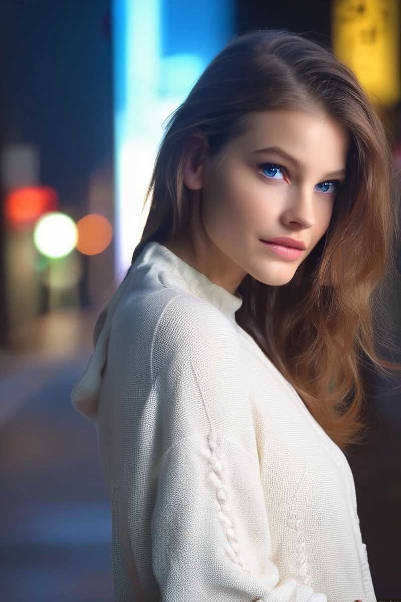 score_9, score_8, score_7, masterpiece, best quality, 1 woman, BPalvDS, blue eyes, brown hair, feminine, beautiful, solo, looking at viewer, <lora:BPalvDS:1> zPDXL2, realistic, city street, late at night, SFW, expressiveh <lora:Expressive_H:1>, sweater, jeans