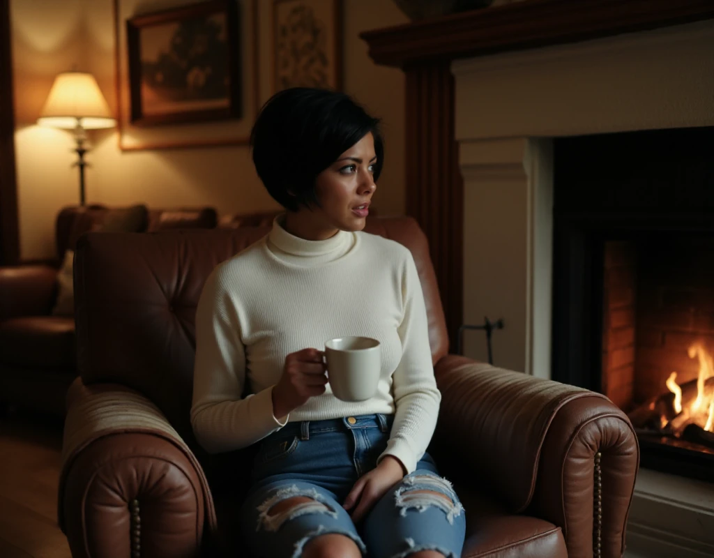 <lora:Jazmine_RoseV3:0.9> a realisitic photo of jazmine rose, a woman, black pixies haircut.  She wears a white turtleneck and ripped jeans. she sits on a chair in a living room. She holds a hot coffee cup. She is next to a fireplace.